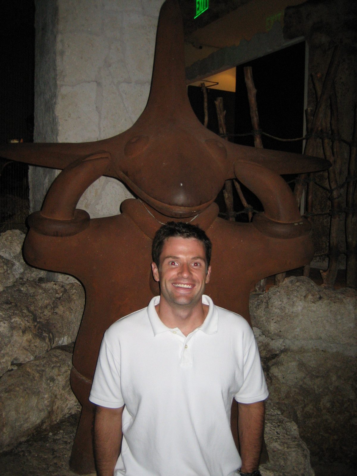 Jay and what might be a statue of a cartoonized hammerhead shark