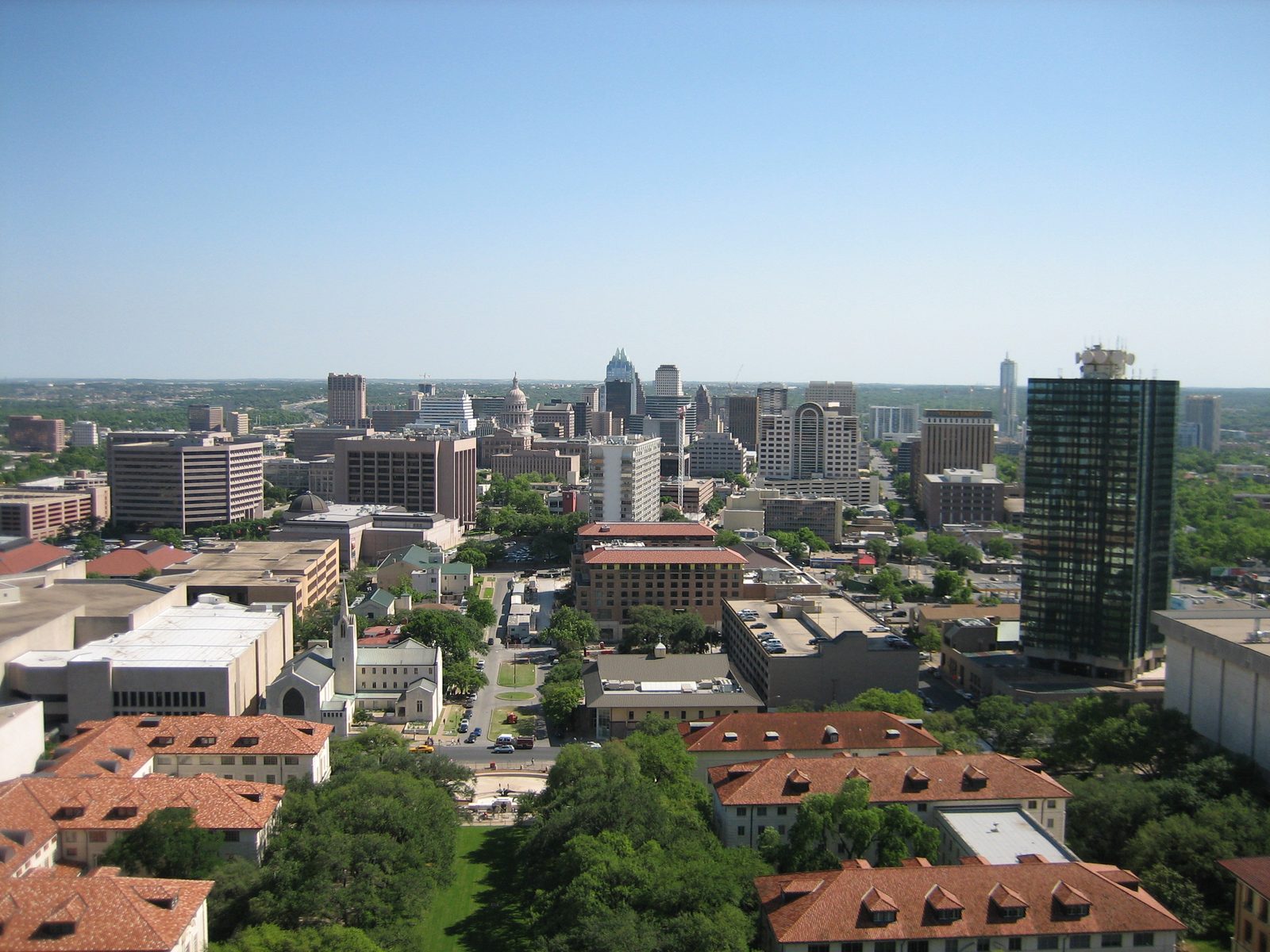 Looking downtown.  The black building on the right is the dorm Dobie, where Dell got his start...