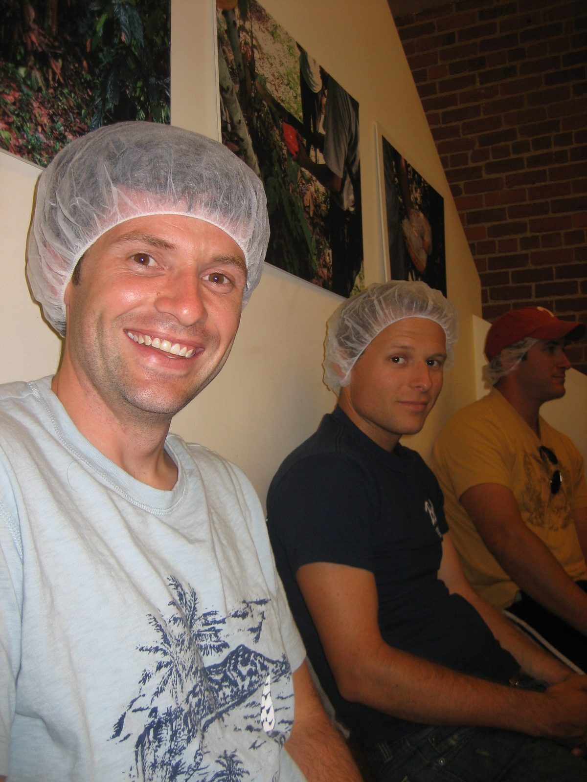 Jay and John sporting hair nets at the chocolate factory.  Jay was happy his facial hair was not...