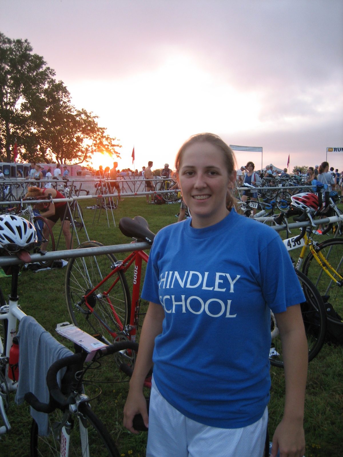 Catherine looking a bit sleepy in transition.  The beauty of the sunrise (over the lake) behind...