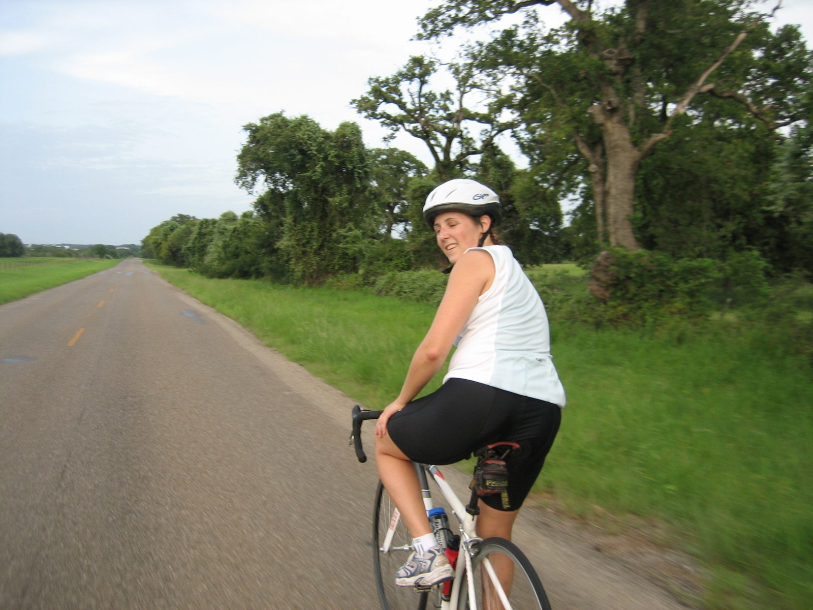 I wish I weren't blinking.  This was the bigger road we biked on - there was a yellow line, even!