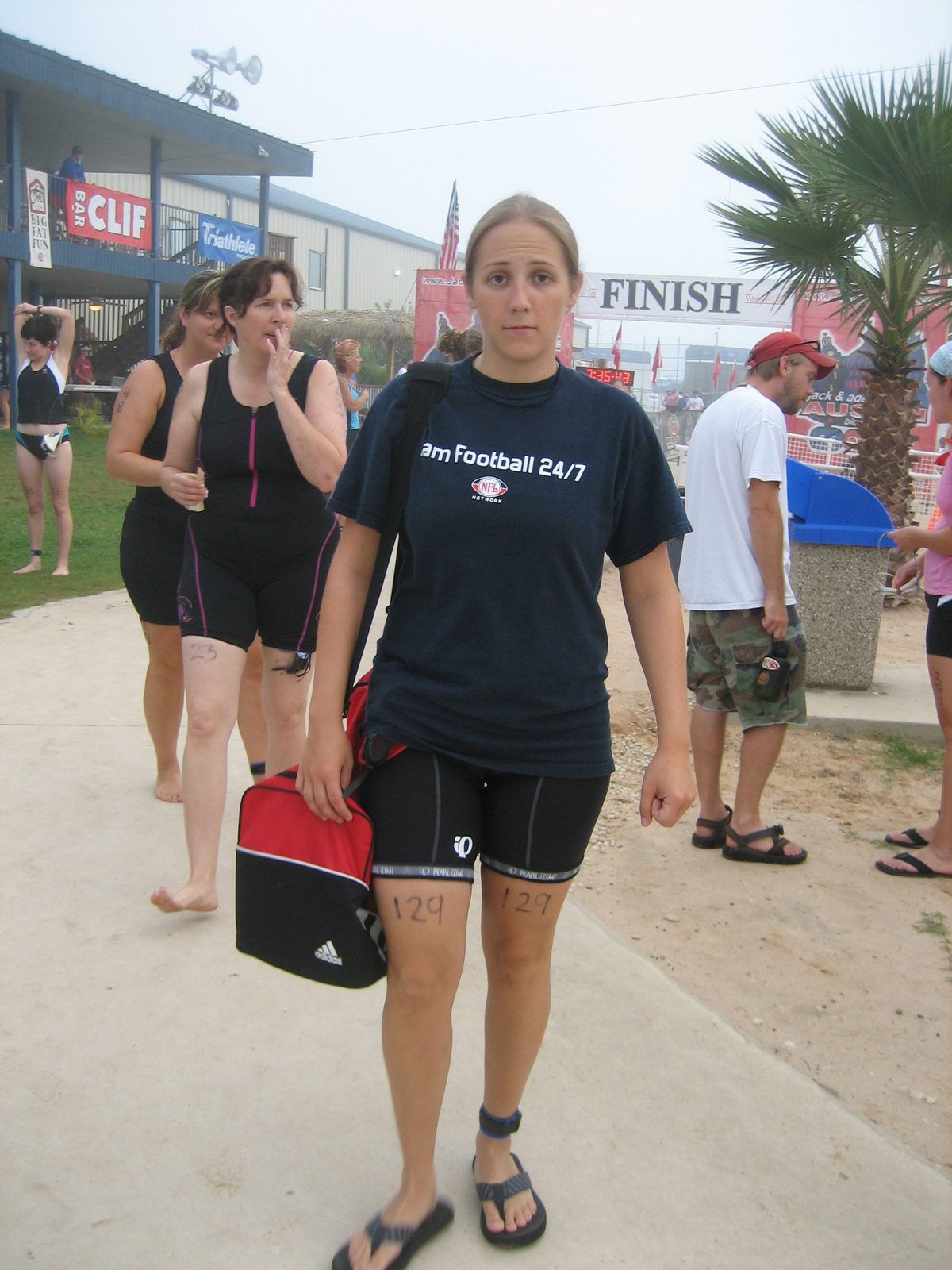 Catherine is not loving the 7am-ness.  She is loving her new shorts, though.
