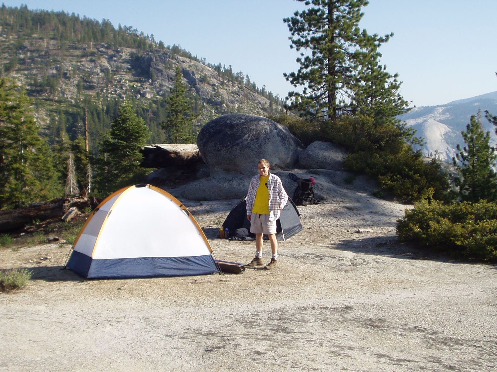John chillin' in the shades outside the tent.  Graduation Yosemite trip with Dad, Catherine and Rachel.
