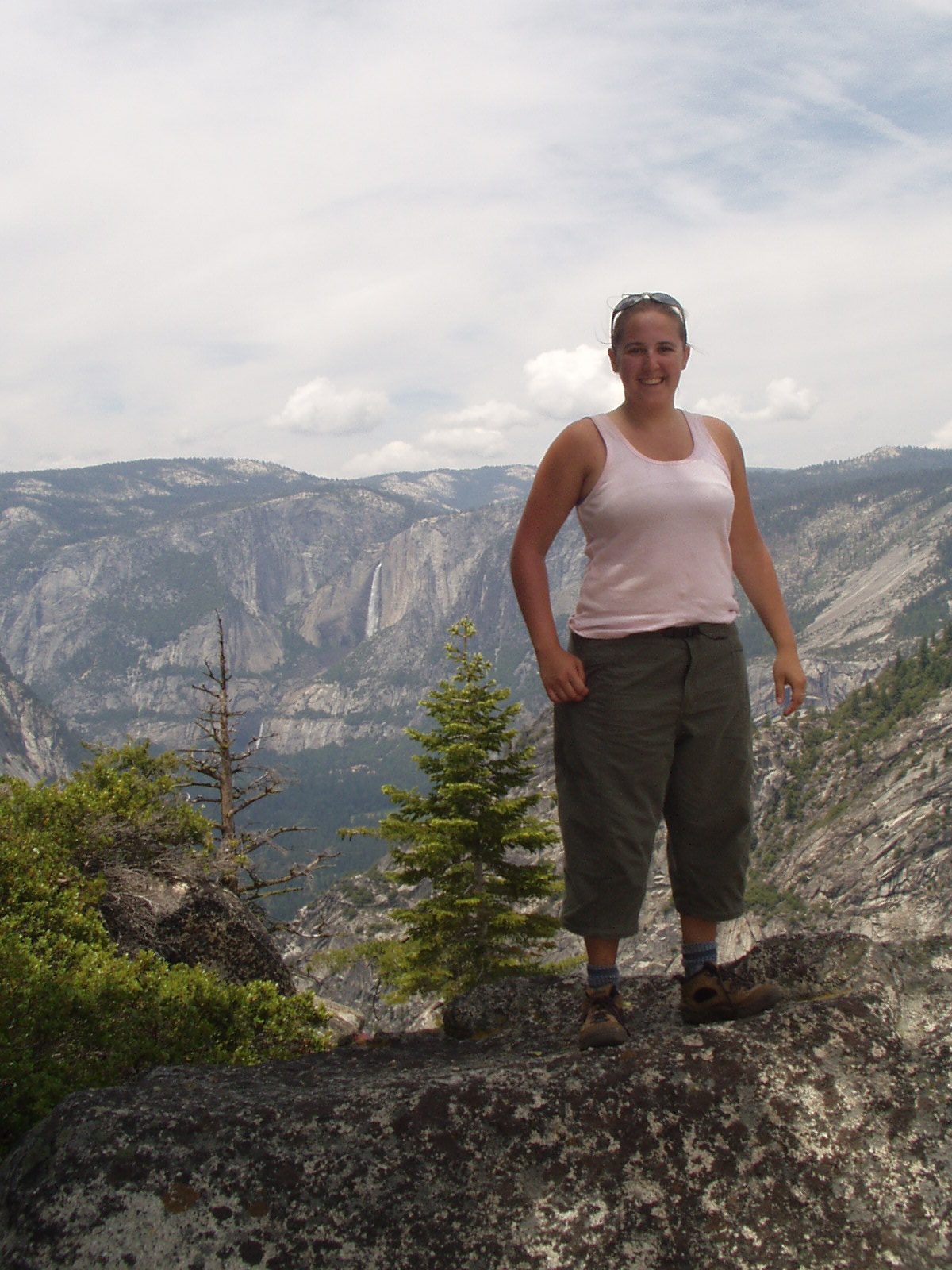 Catherine and the faint trail of far-off Yosemite Falls in the background.