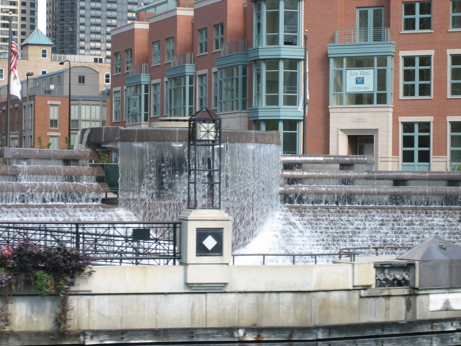 The Centenial Fountain, right on the river.