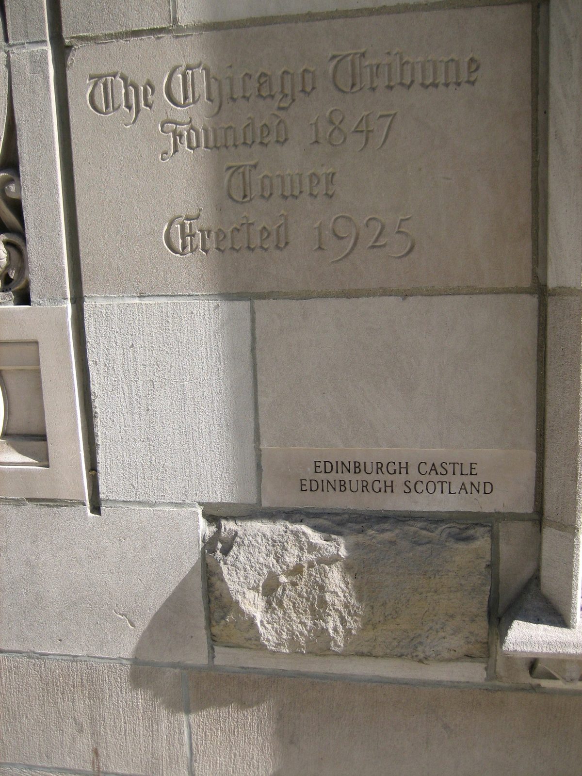 "The Chicago Tribune, Founded 1857, Tower Erected 1925" and a block from Edinburgh Castle, Ireland.