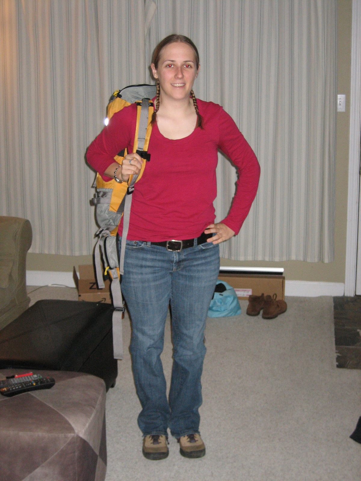 Catherine with bags packed, ready to go.  That backpack looked big until I tried to pack stuff...