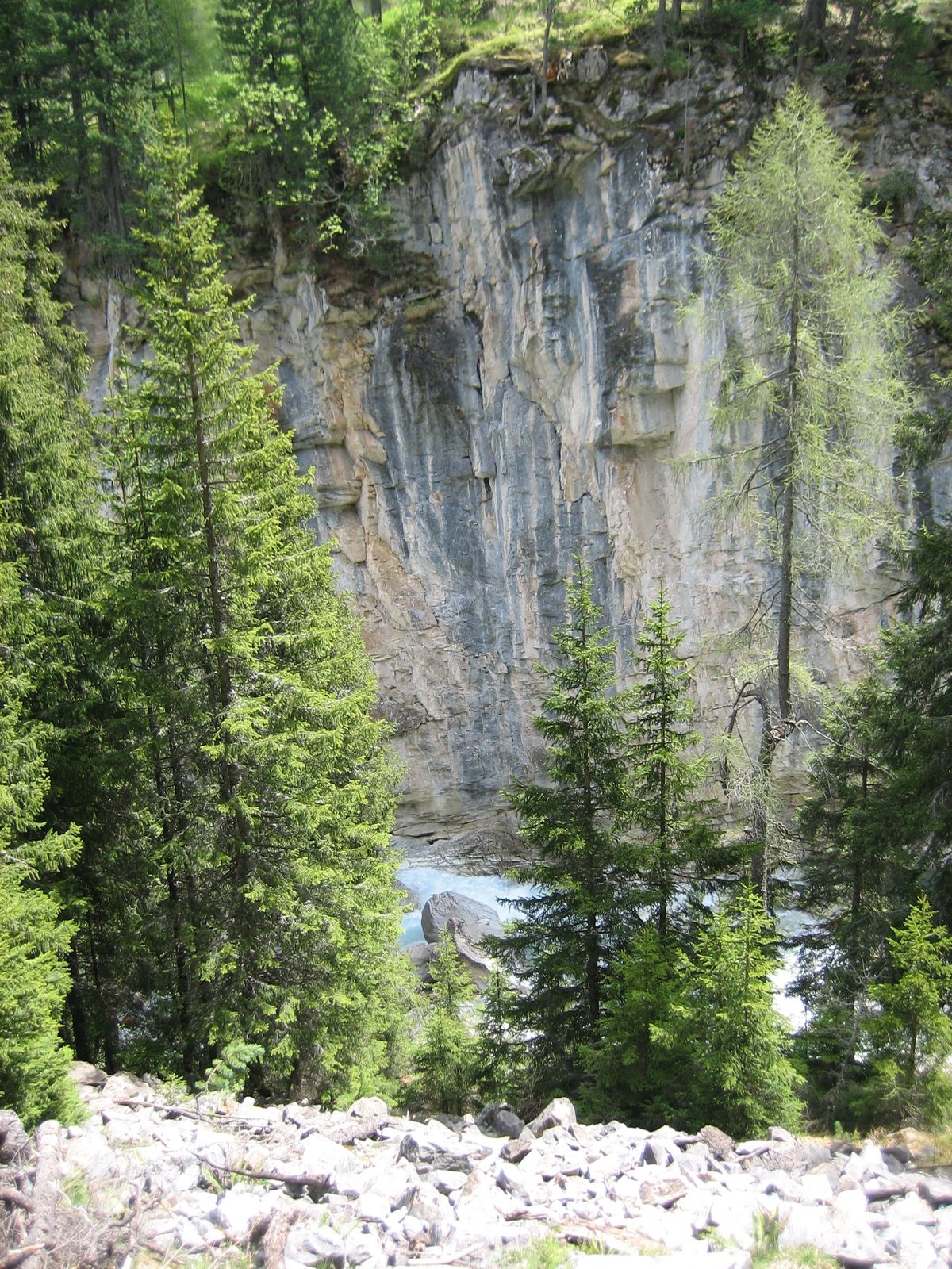 Looking down on the more-raging river.