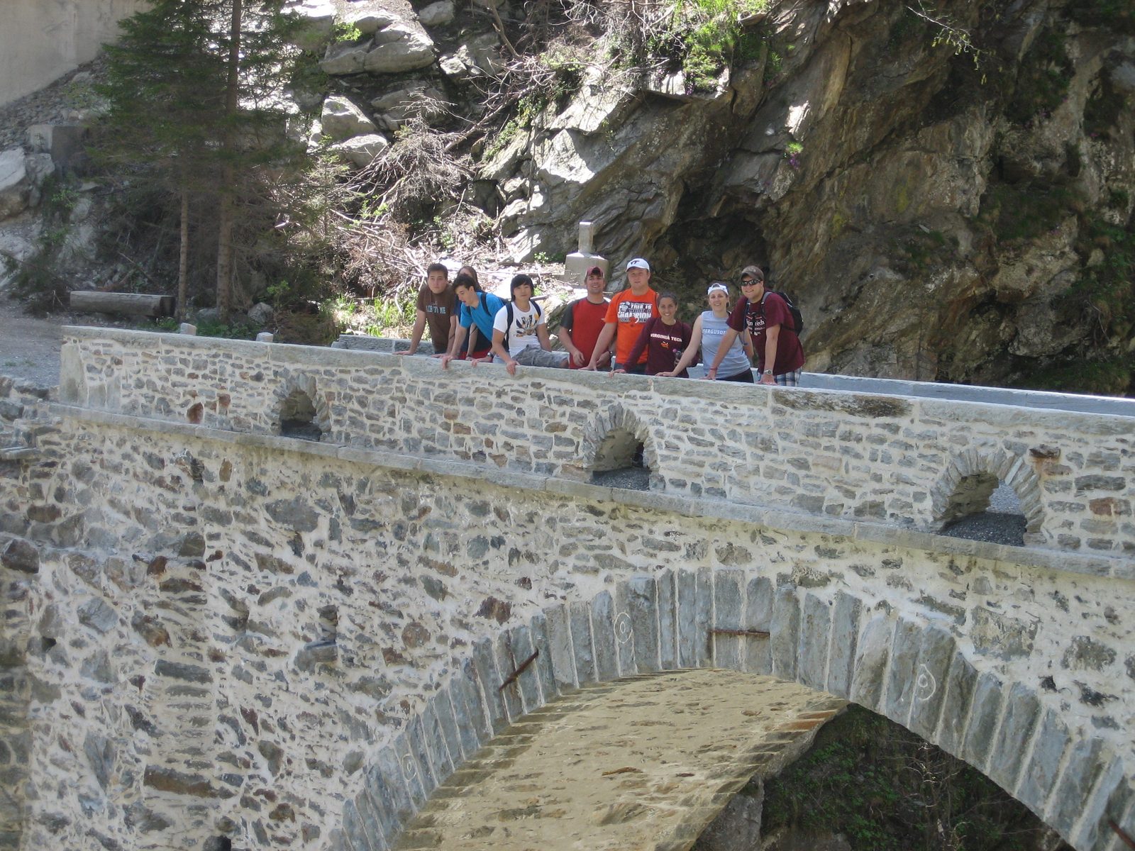 Group shot on the old arch bridge.  From left - Dan, Stephanie (hidden), Zach, Paul, Jon, Scott,...