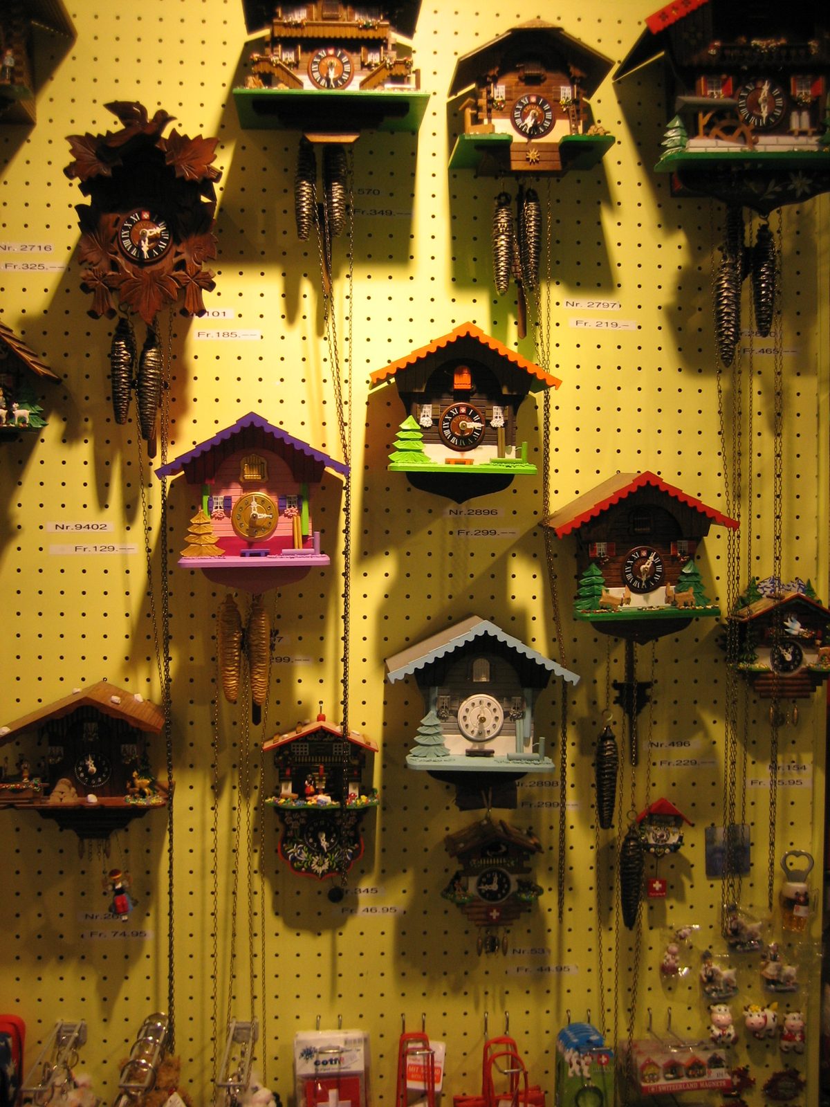 The wall of cuckoo clocks at the toy store.  Note the prices (1 CF ~ $1).  Ouch.