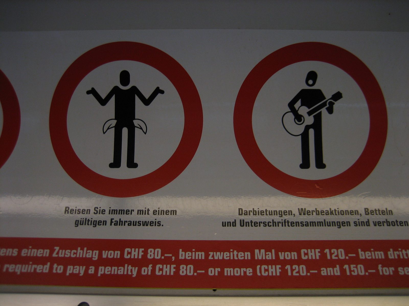 On the left: Do Not Turn Out One's Pockets.  On the right: No Yodeling.
