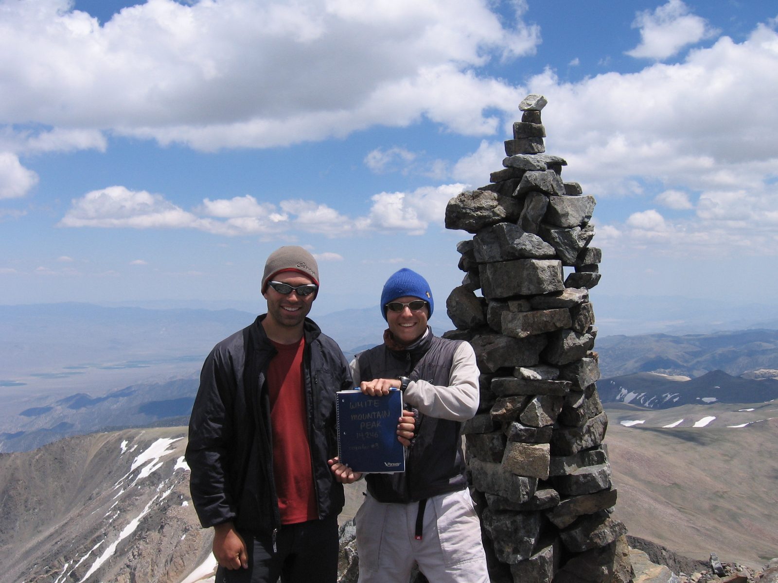 White Mountain Peak:  14,246 ft.  John and Colin with the summit register in hand.