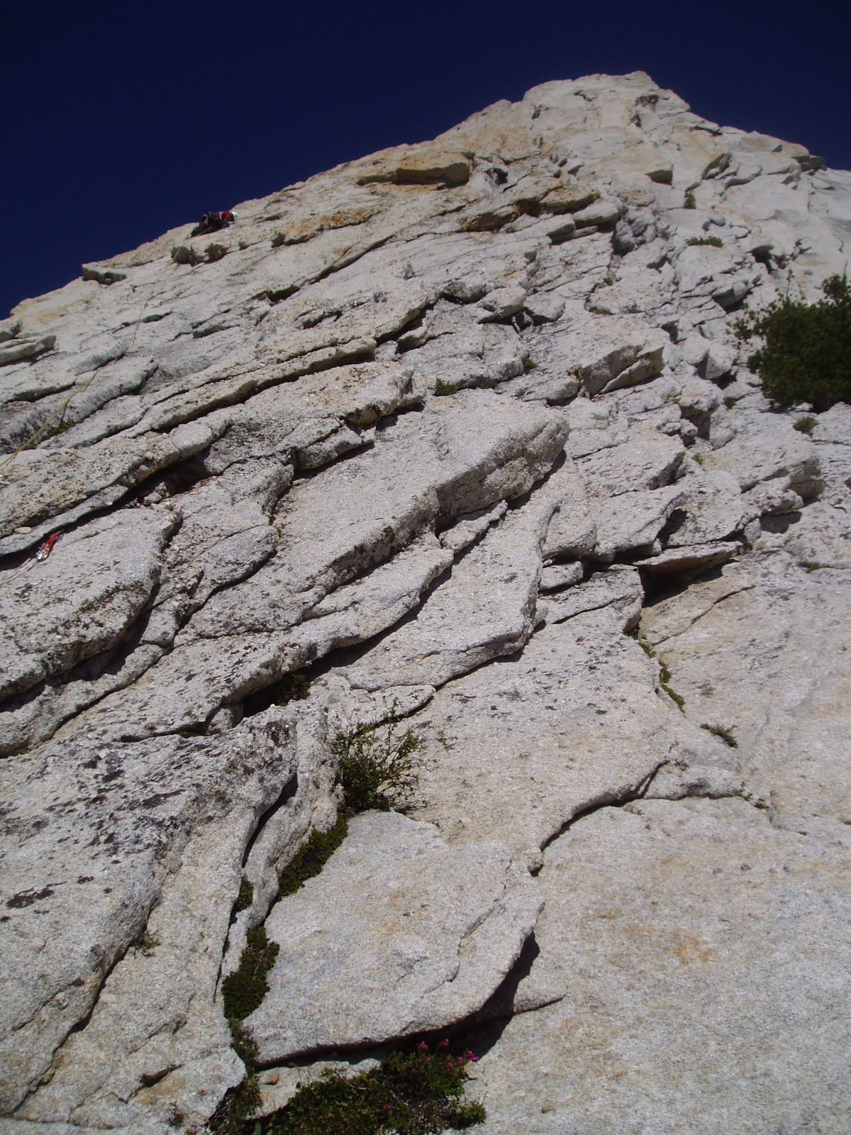 Colin (small, upper left) leading on the first pitch of our climb of Cathedral Peak.