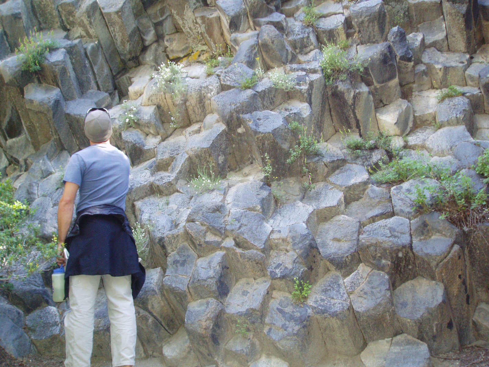 Colin, inspecting the hexagonal basalt columns that make up Devil's Postpile.