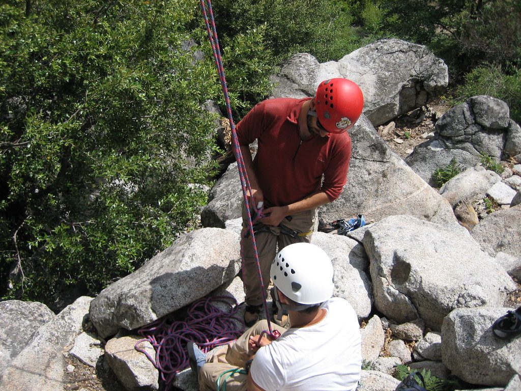 Mike getting ready to show us all how The Bowling Ball is done, while John looks on, ready to belay.