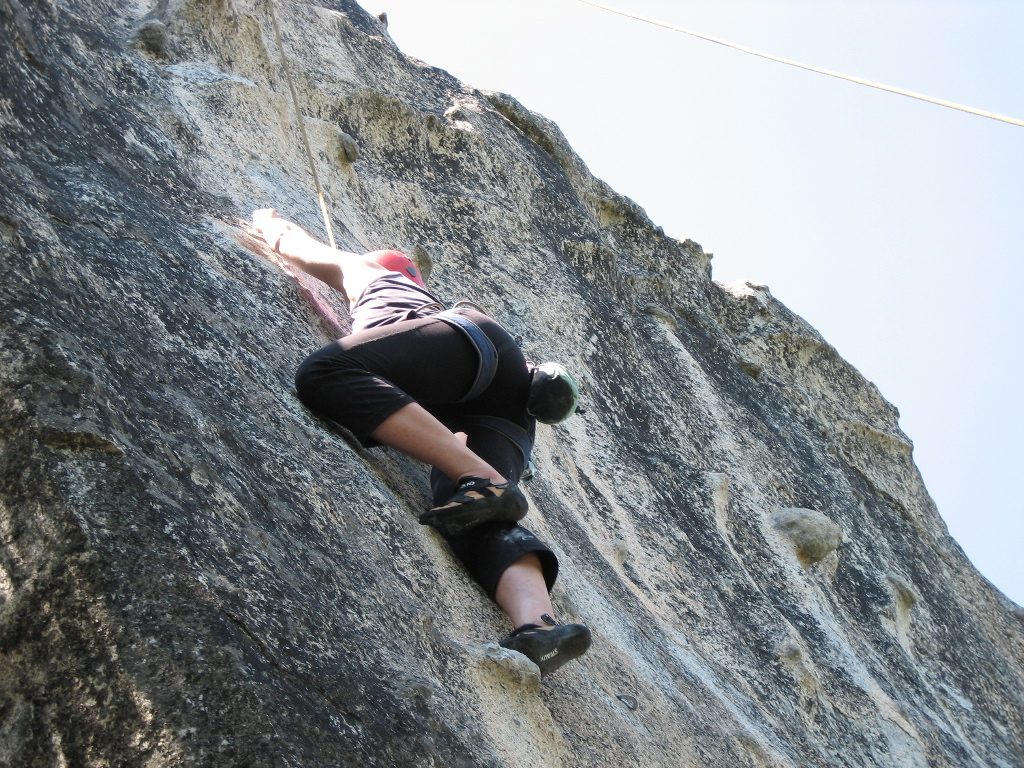 Sylvianne trusting her feet to do the work on the crux sequence of Blue Note (5.10b). 
