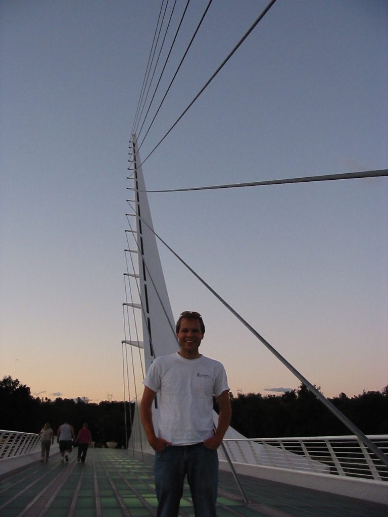 John on the Sundial Calatrava bridge at sunset.