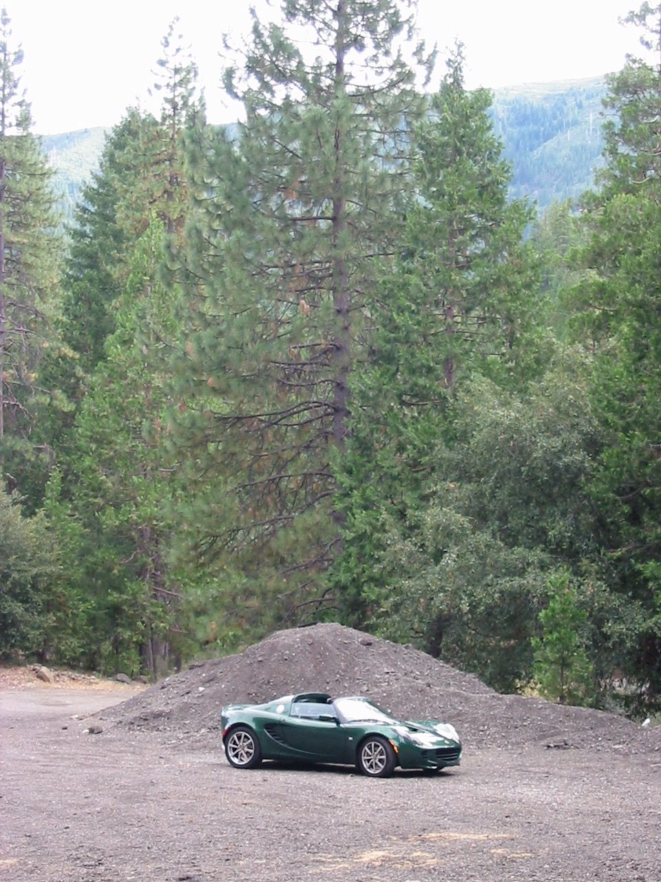 The noble green stallion next to a pile of gravel.