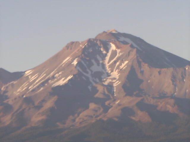 Close-up through the binocular camera of Mt. Shasta.