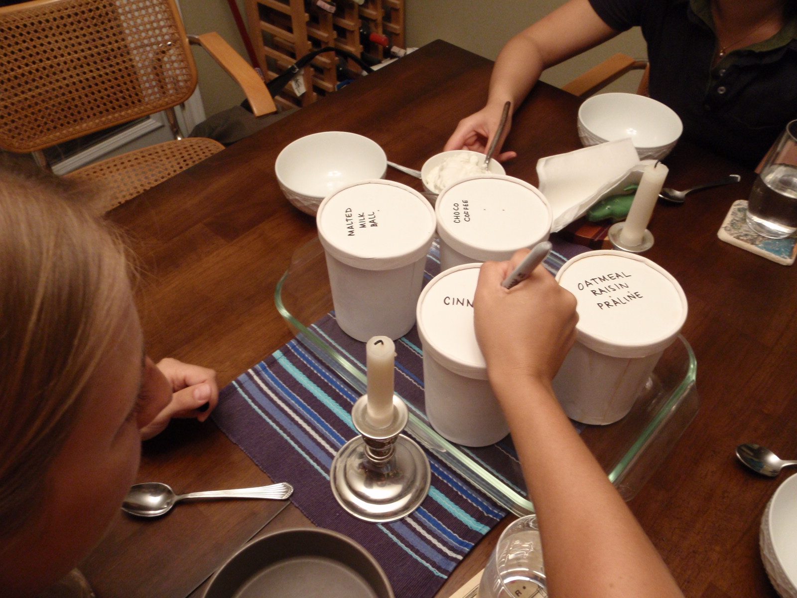 Catherine labels ice creams John and Monica toted in from San Francisco over dinner at the Bull...