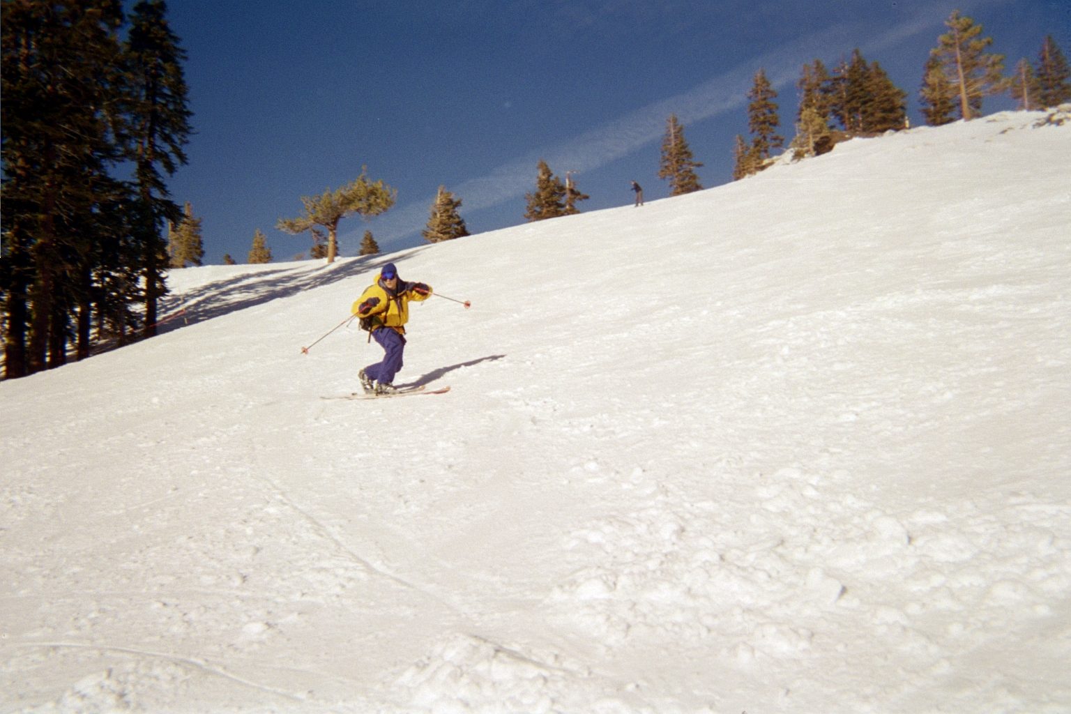 John, practicing the tele turn under the Lake View chair (Outer Limits) at Alpine Meadows.