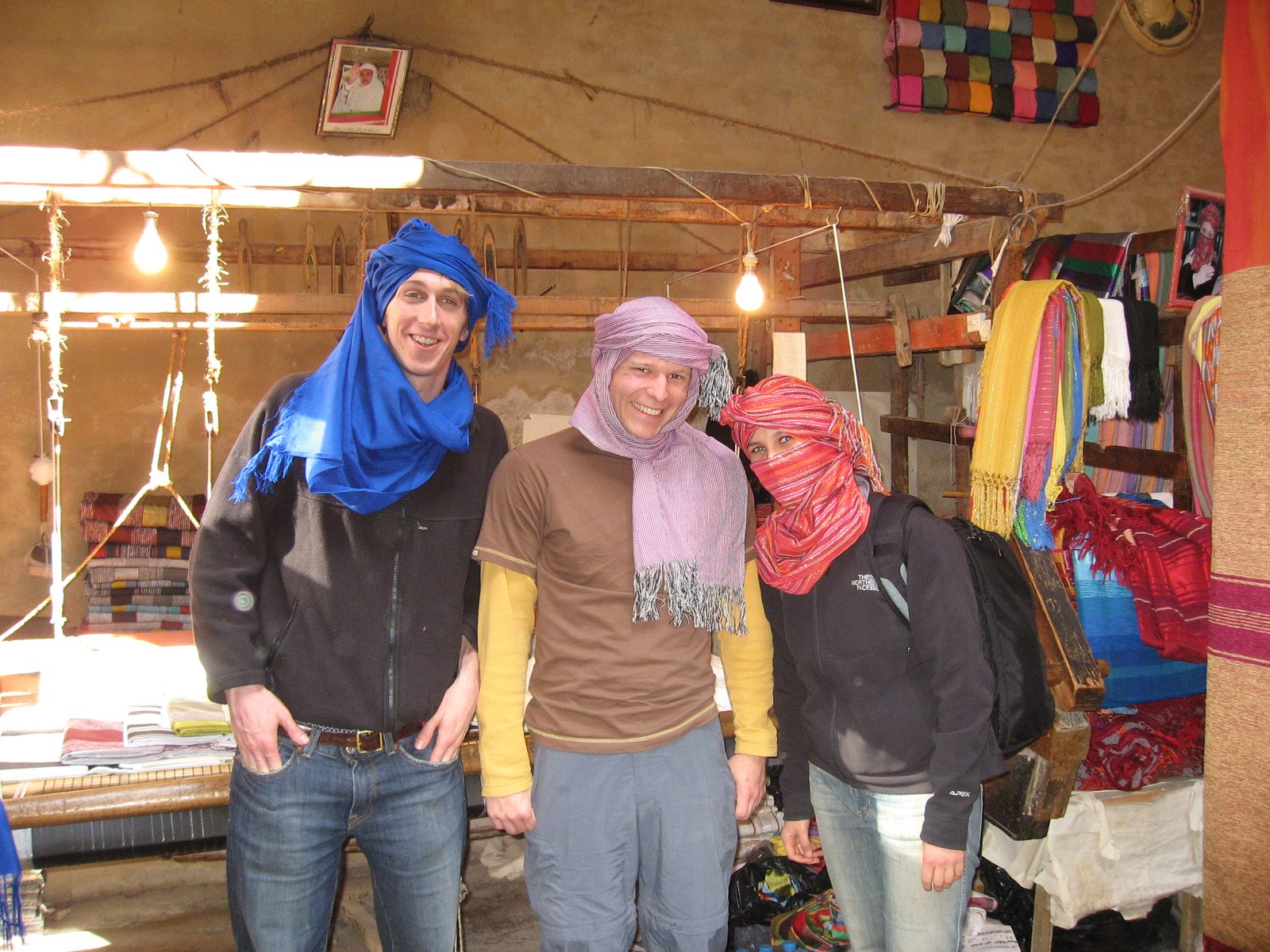 Trevor John and Heidi in a weaver's shop in Fes.