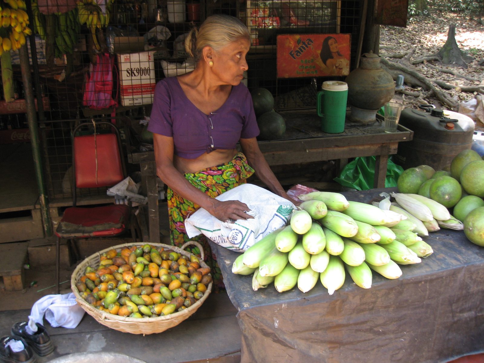 Old Sri Lankan woman at her produce stand by a relatively major road (2 lane, paved) in central...