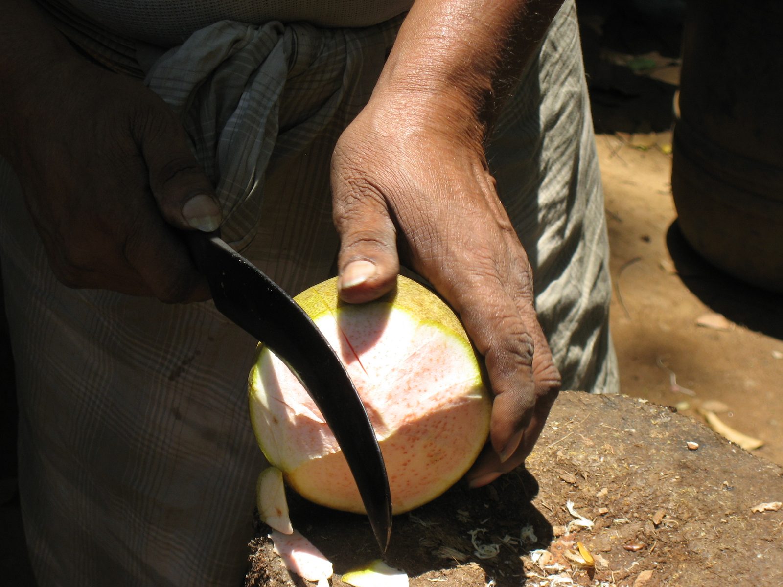 A Sri Lankan man cuts open the young coconut with a machete.