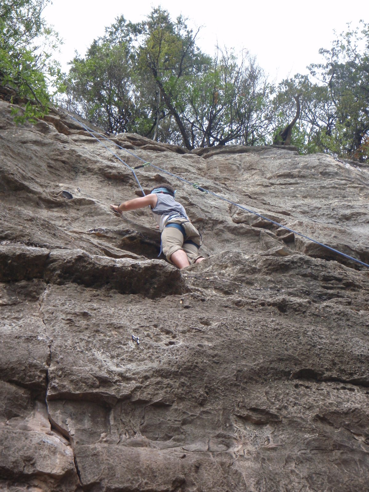 Jay climbing at the Barton Springs Green Belt.  This is maybe Over Easy or one of the climbs...