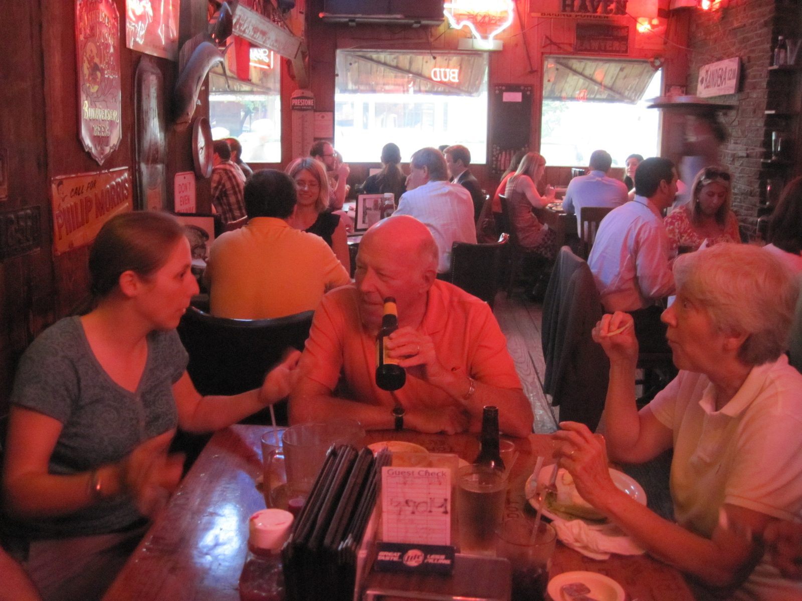 Having lunch at the Texas Chili Parlor. Needs color correction badly.