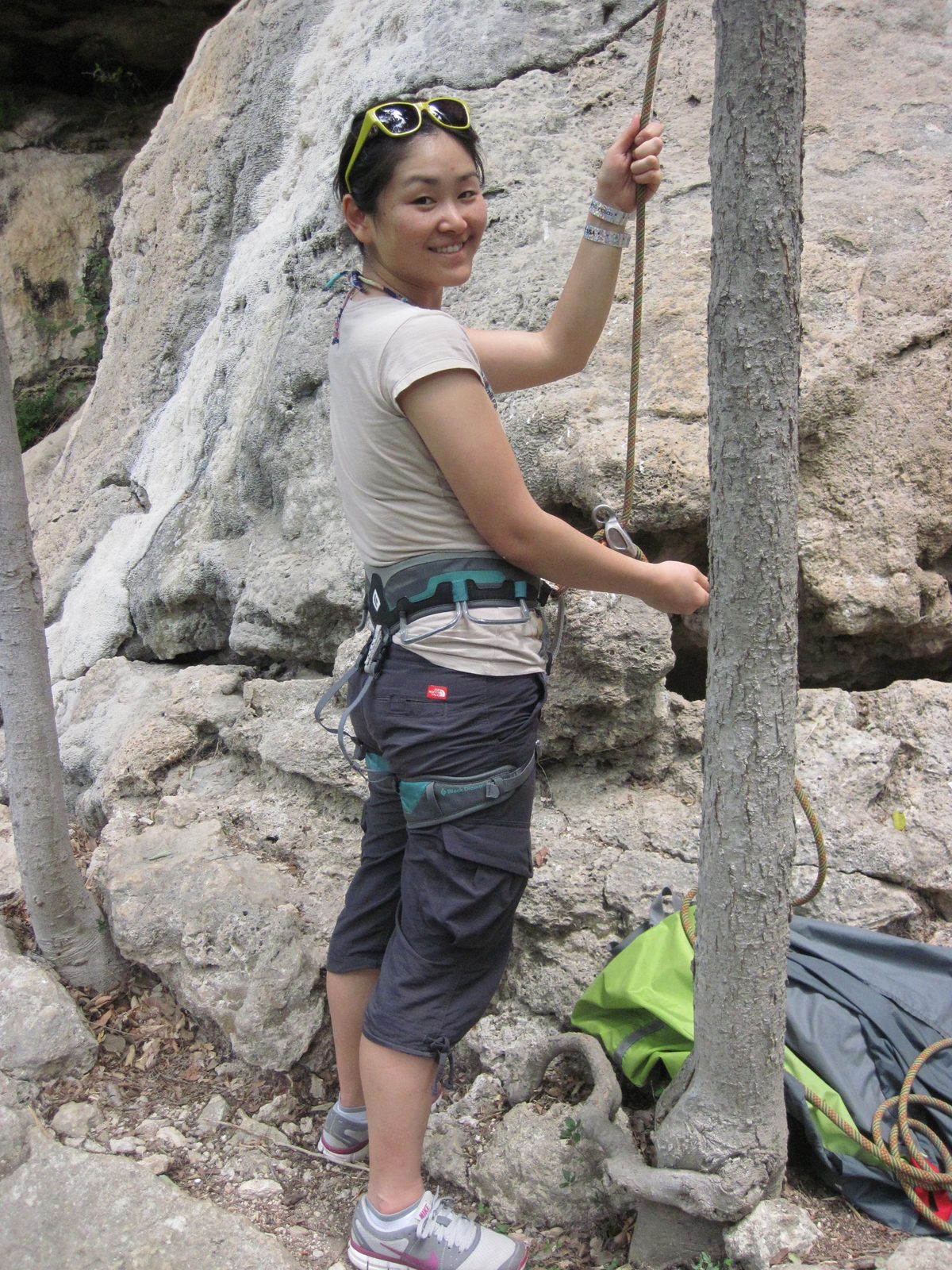 Monica belaying Jay on T-Roofic.