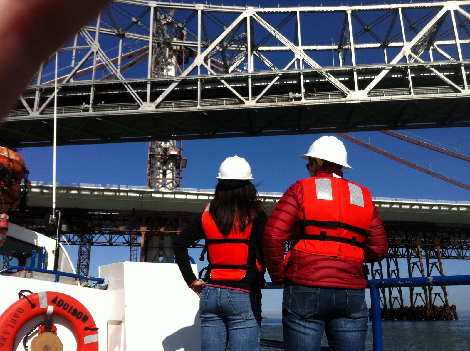 Catherine and Tour Guide Carol inspect the SAS of the new SF Bay Bridge.