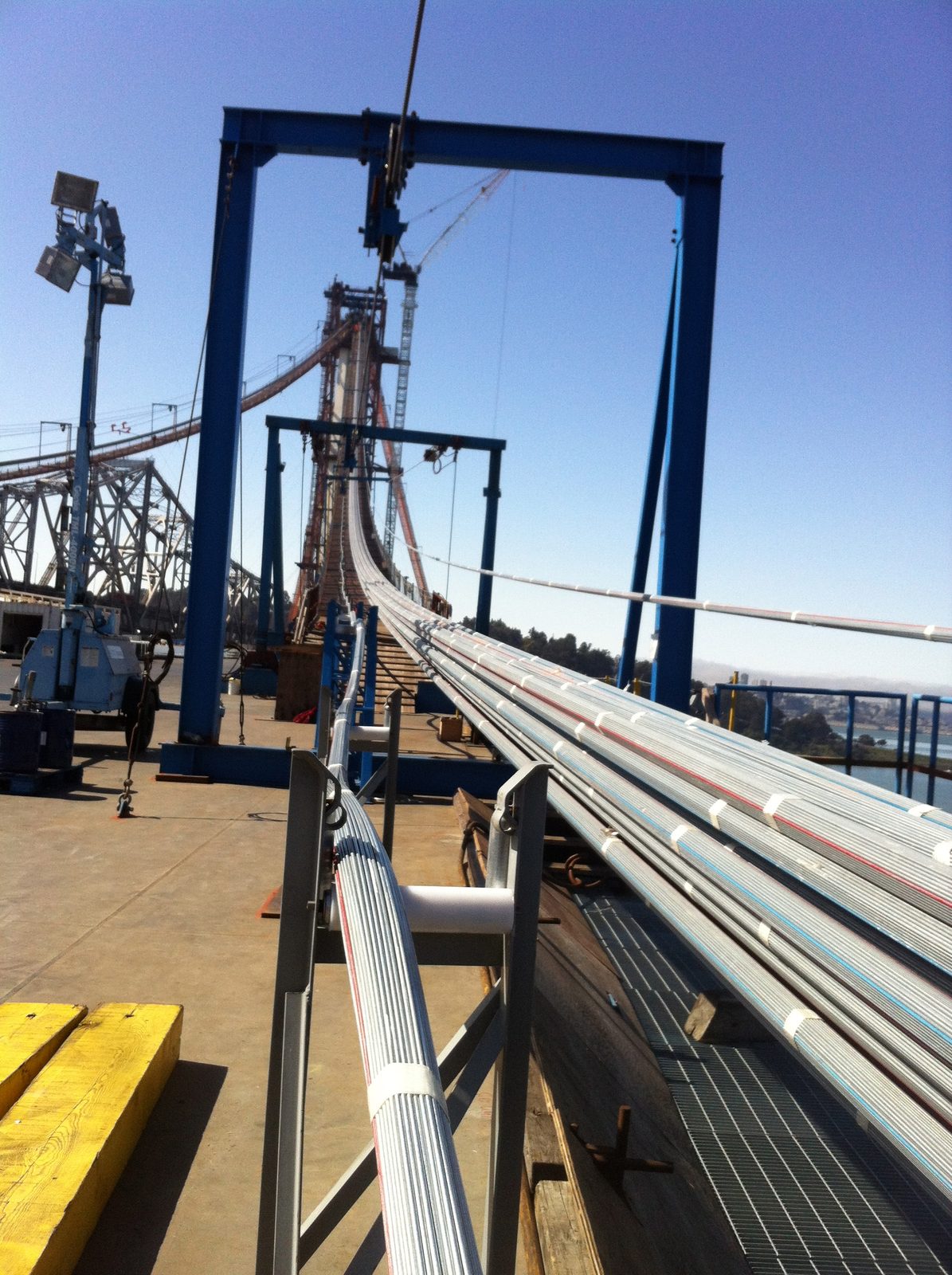 The cable bundles are taped together to mark and maintain their orientation and spacial density.