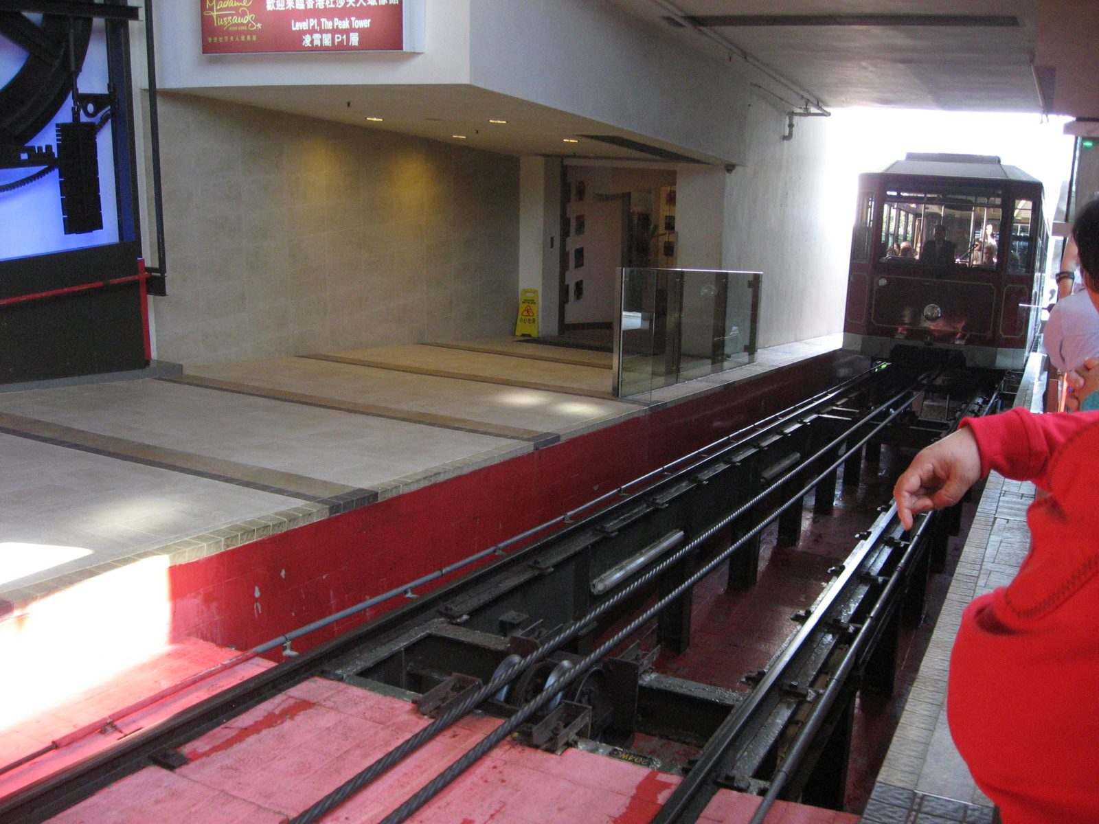 The funicular pulling into the uphill station.