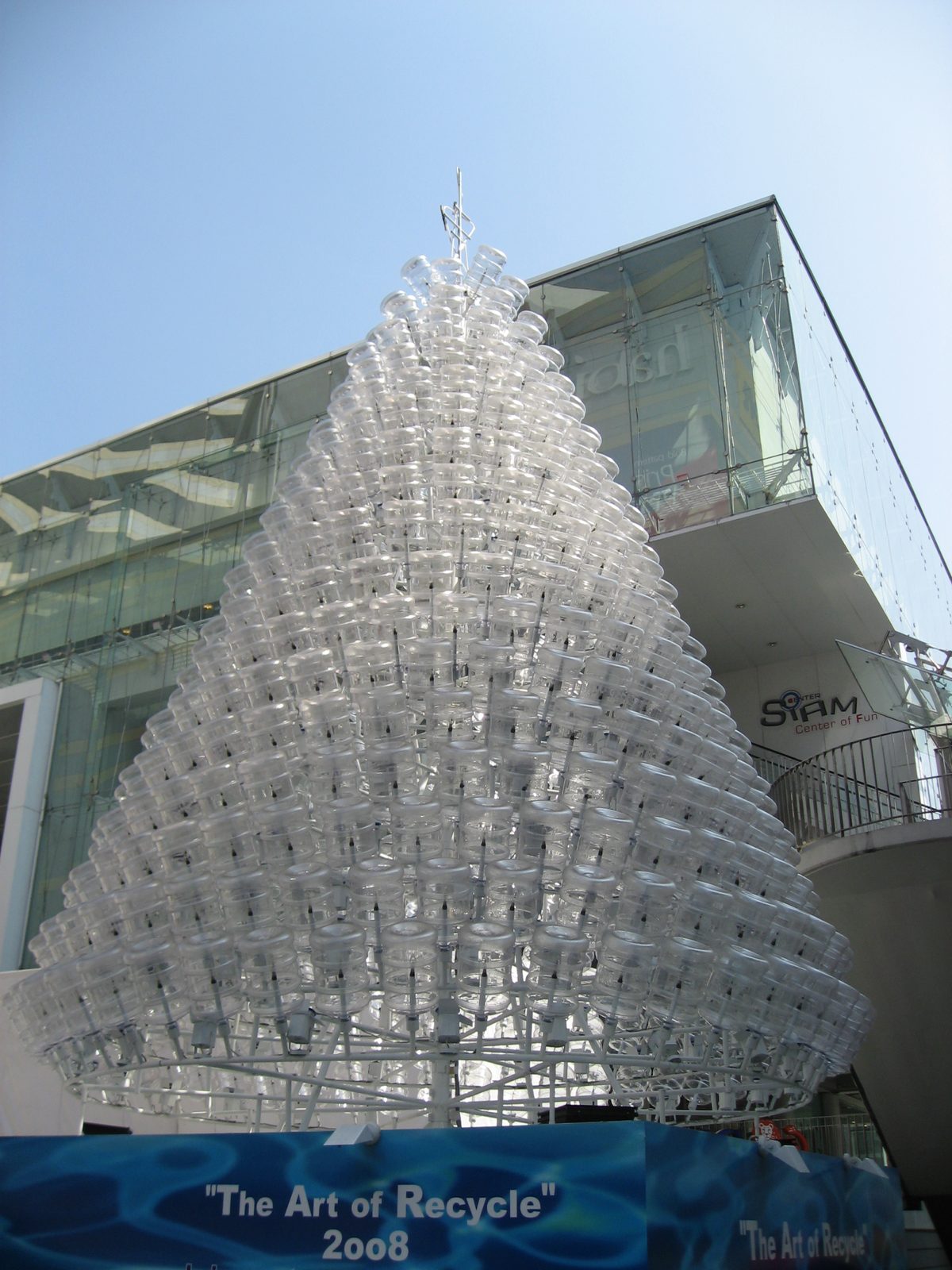Trash-art Christmas tree in Bangkok: constructed from clear plastic water-cooler bottles.