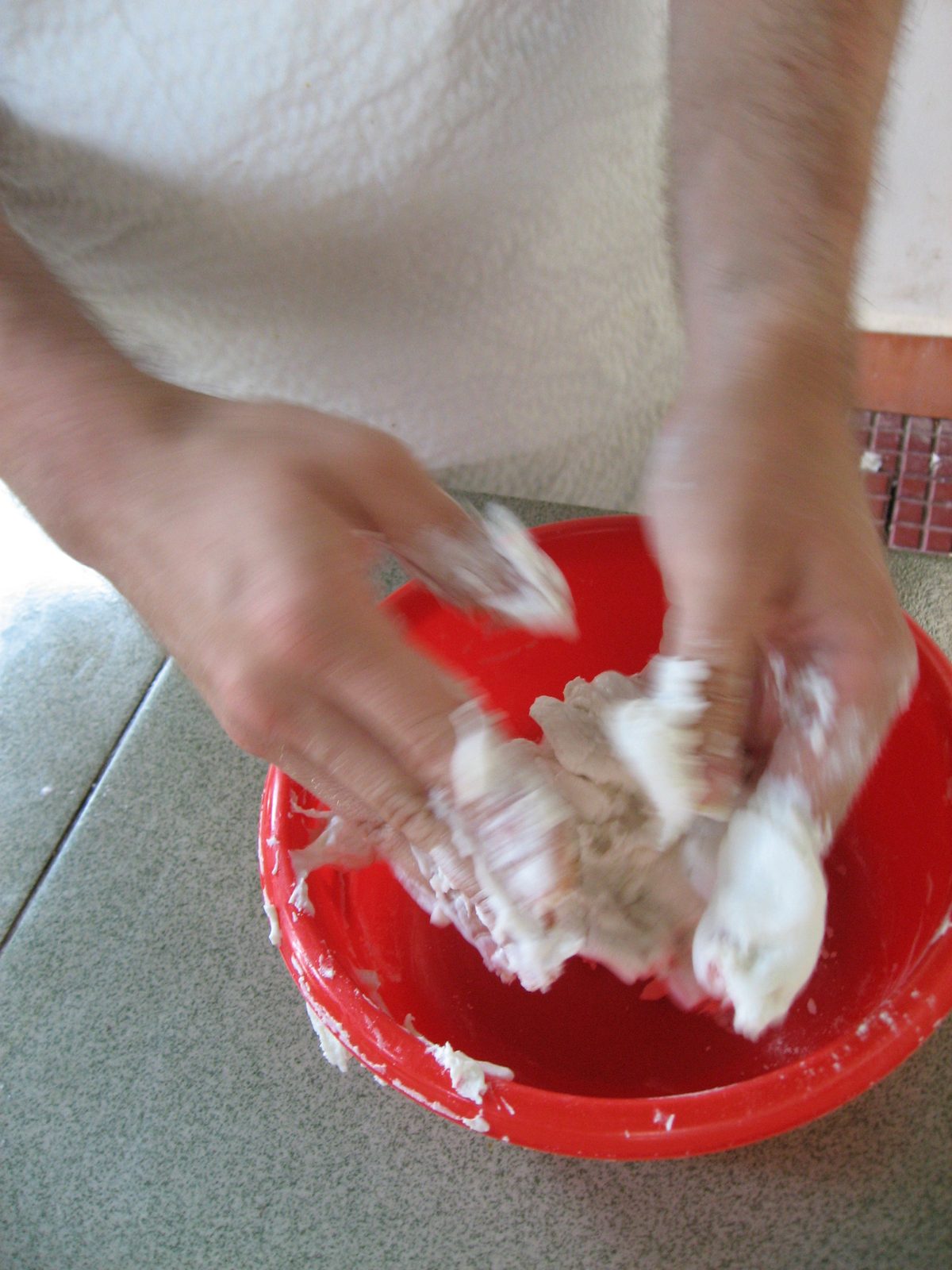 The dough starts to come together.