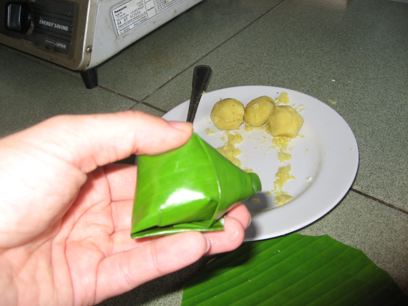 Mung bean and glutenous rice wrapped in banana leaf and ready for cooking!