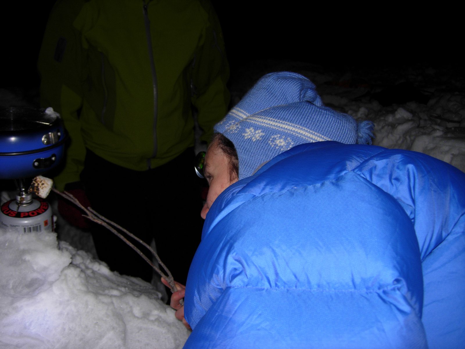 Rachel, cooking "s'mores a la isobutane".