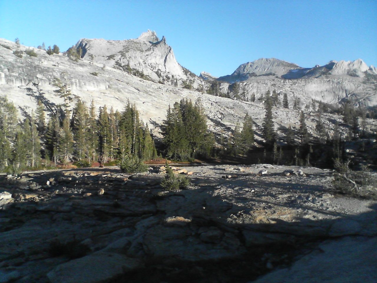 From left to right, Cathedral Peak, Eichorn's Pinnacle, and the Echo Ridge.