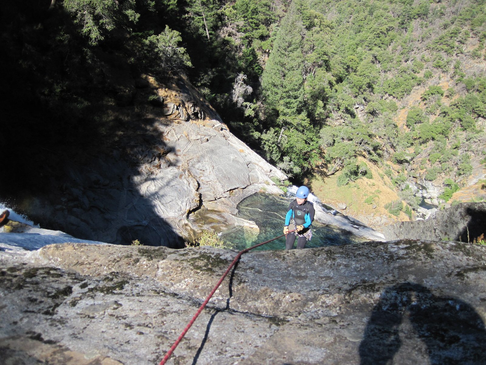 Monica on rappel first thing in the morning. Look at how far we have to drop right away!