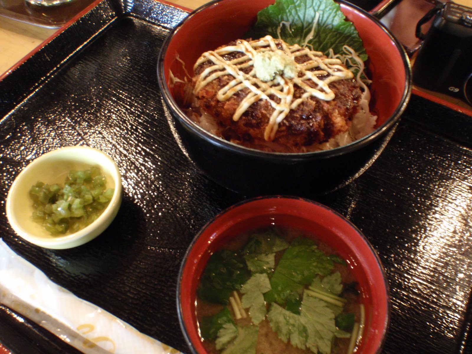 My potato wasabi croquette donburi with miso soup and wasabi stem.