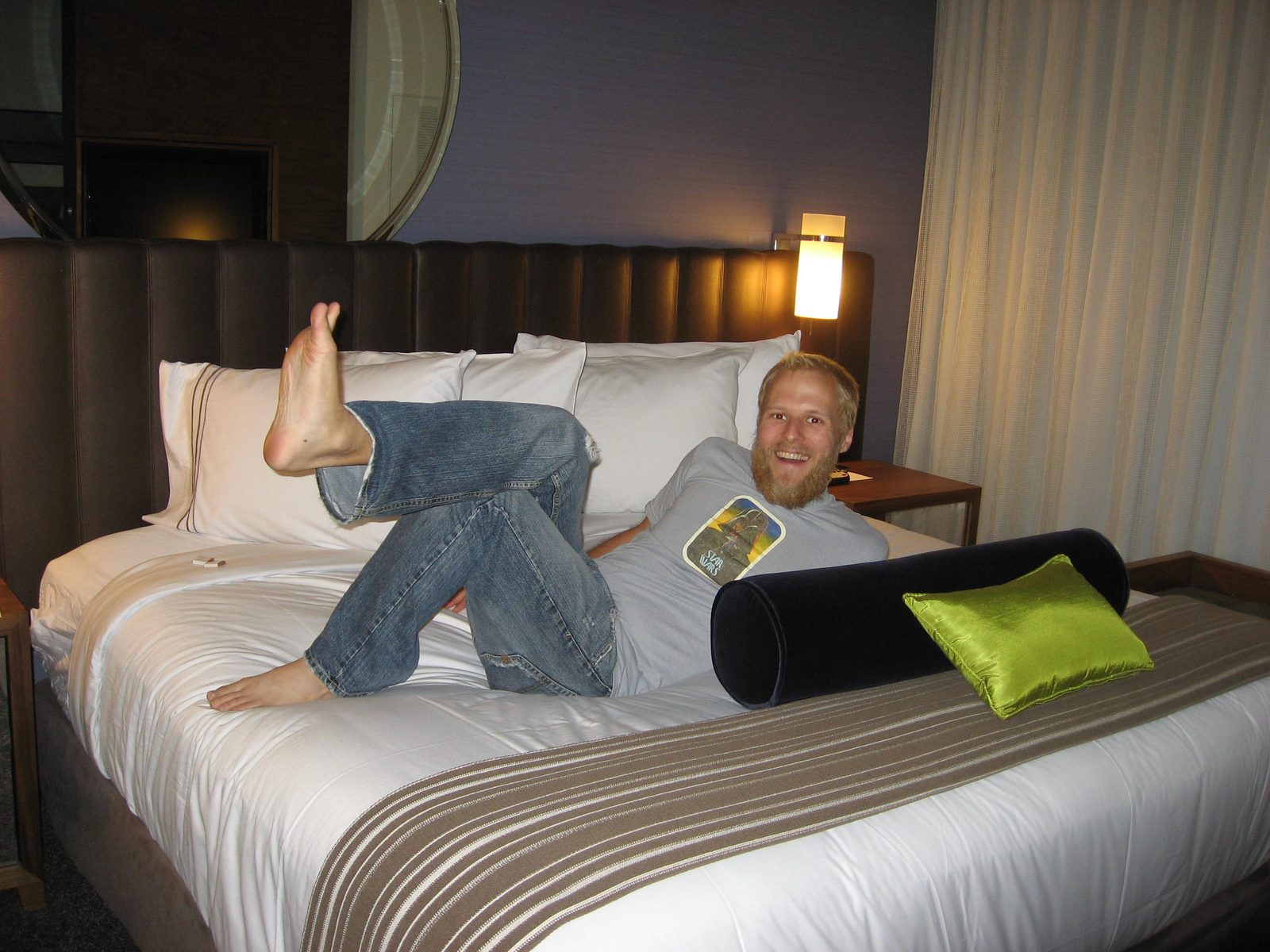 Our awesome hotel room that Monica found on Expedia in Long Beach, California.  The purple color...