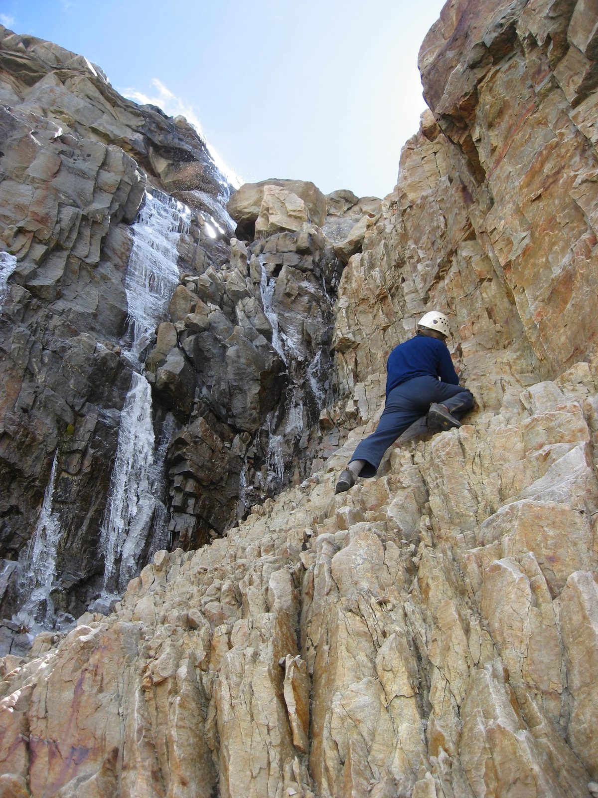 Rodrigo tries some easy climbing to skirt around a waterfall caused by glacial melt.  I think if...