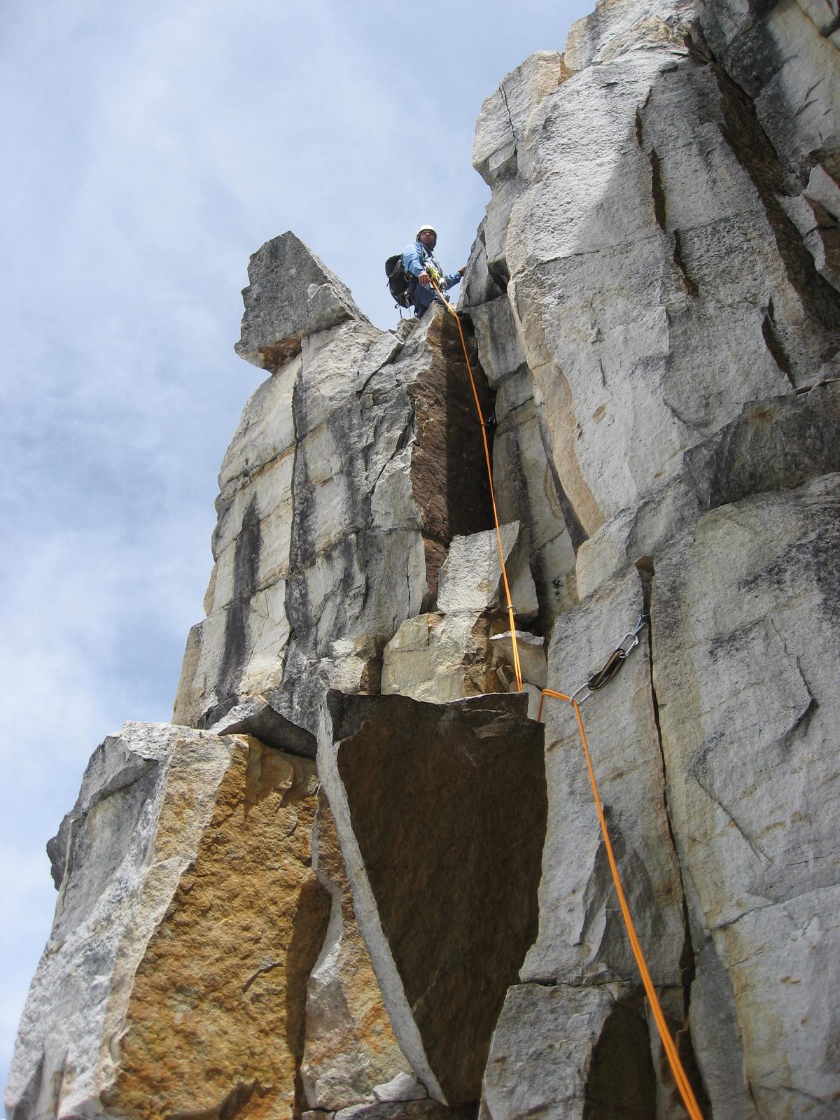 Making our way up a weakness in the cliff band.  The climbing was pretty simple; the challenge...
