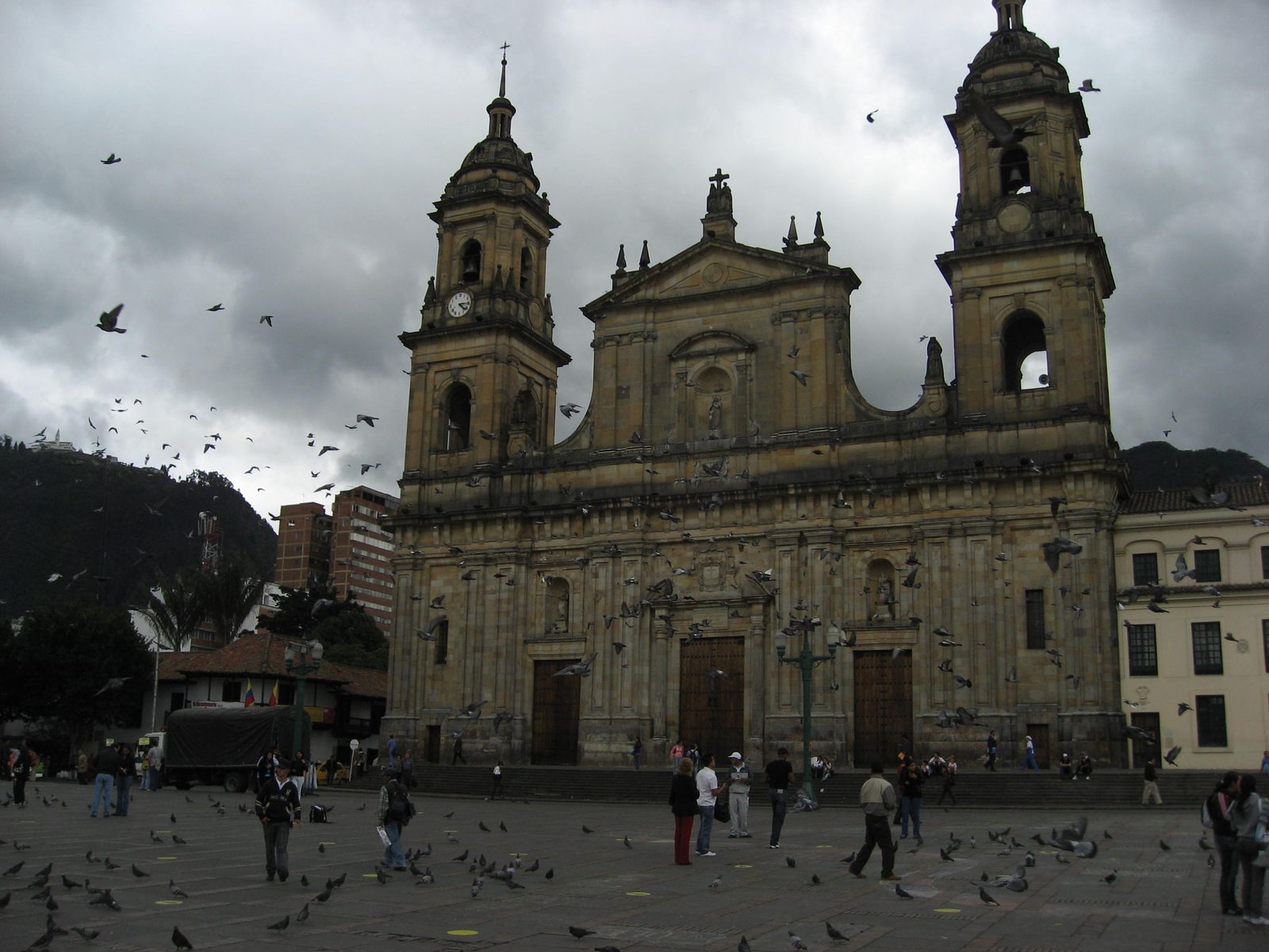 The church and pigeons.