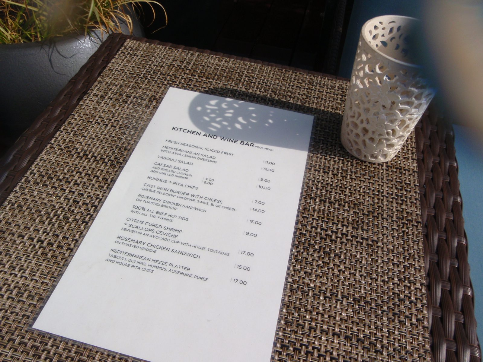 Pool-side breakfast menu.