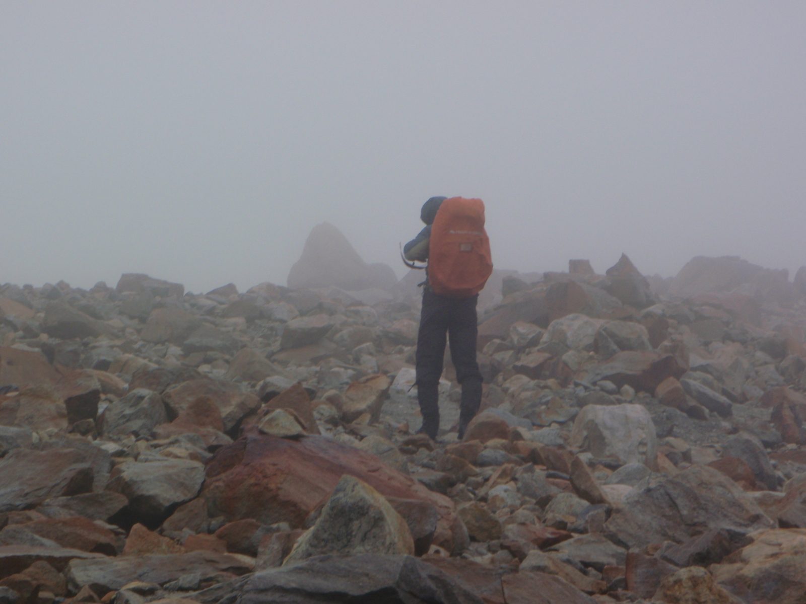 Off into the misty abyss... starting our hike down to civilization.