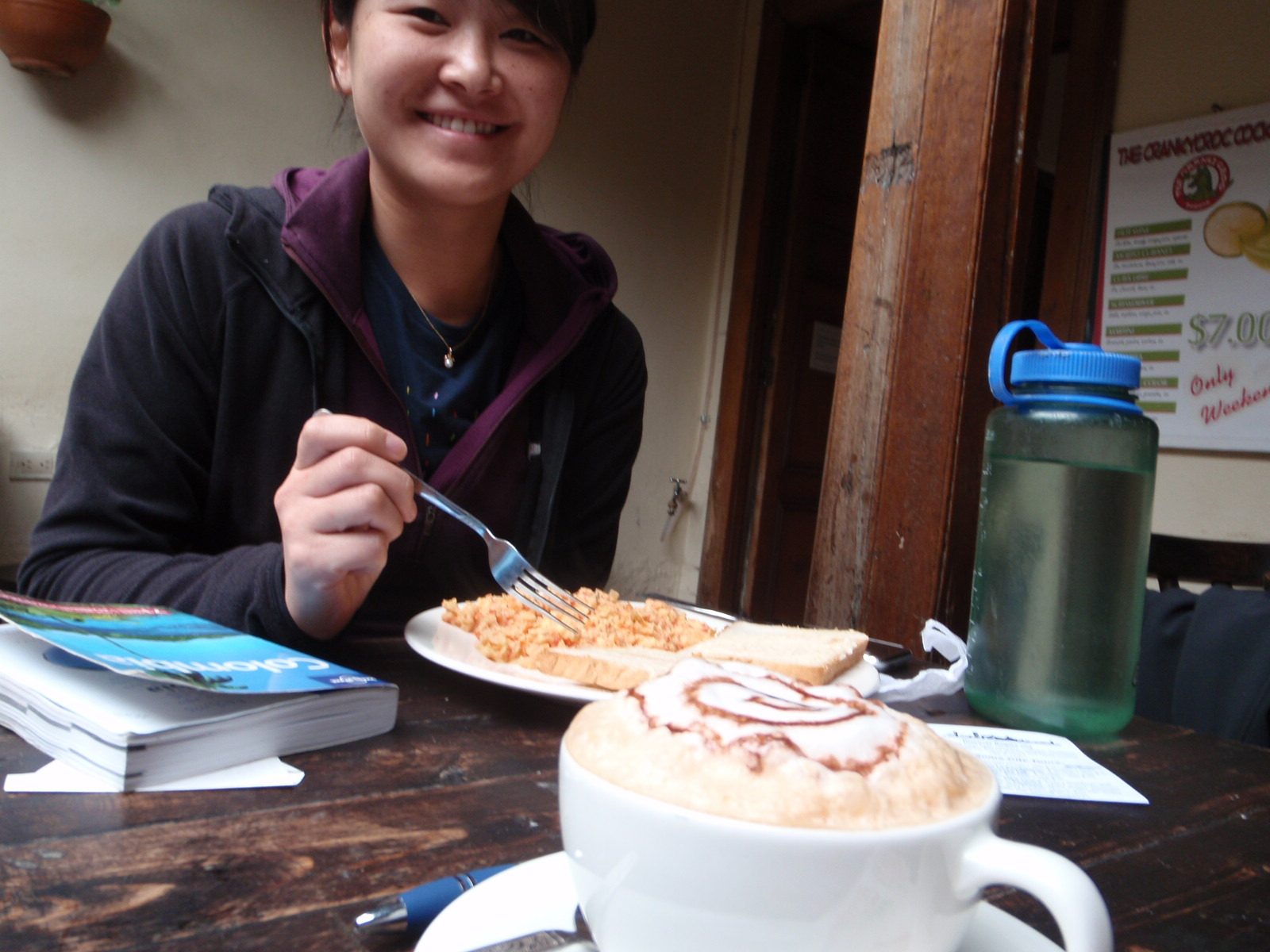 Monica and I eat breakfast in our hostel in Bogota, Colombia the night after we arrived.