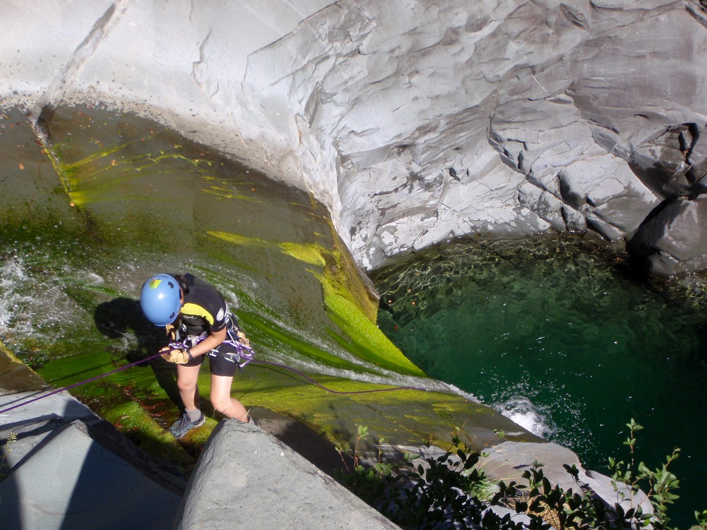 Don't slip on the slime!  Monica on rappel.