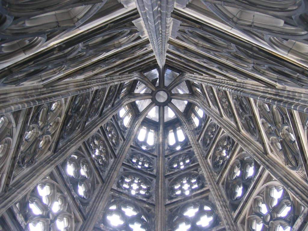 Looking up inside one of the main steeples from the top of the belfry stairs at the Cologne cathedral.